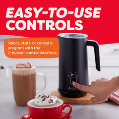 Instant Pot pouring foam from spout into latte showing controlled pour benefit: precise serving without spills