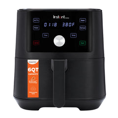 Instant Pot Vortex XL front view showing sleek black finish and benefits of compact countertop design