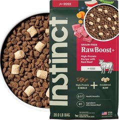 Instinct RawBoost front of bag showing real beef and freeze-dried mix for nutritious feeding