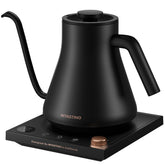 INTASTING kettle front view showing sleek black design and compact footprint beneficial for small counters