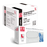 Intco blue nitrile gloves front box showing brand and pack benefit
