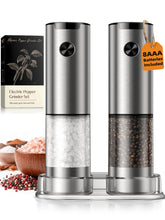 ioion front view of electric salt and pepper grinders showing sleek stainless look and durability