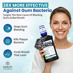 Iotech ioRinse label close-up highlighting molecular iodine and xylitol benefits