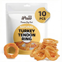 iPaw front packaging showing 10-pack turkey tendon rings and clear labeling benefit