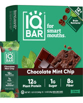 IQBAR Chocolate Mint Chip front box showing clean-label certification and low sugar benefit