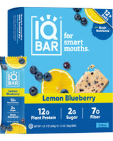IQBAR Lemon Blueberry front packaging showing low sugar and keto benefits