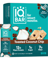IQBAR front packaging showing toasted coconut flavor and clean-label benefit