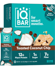 IQBAR front packaging showing toasted coconut flavor and clean-label benefit