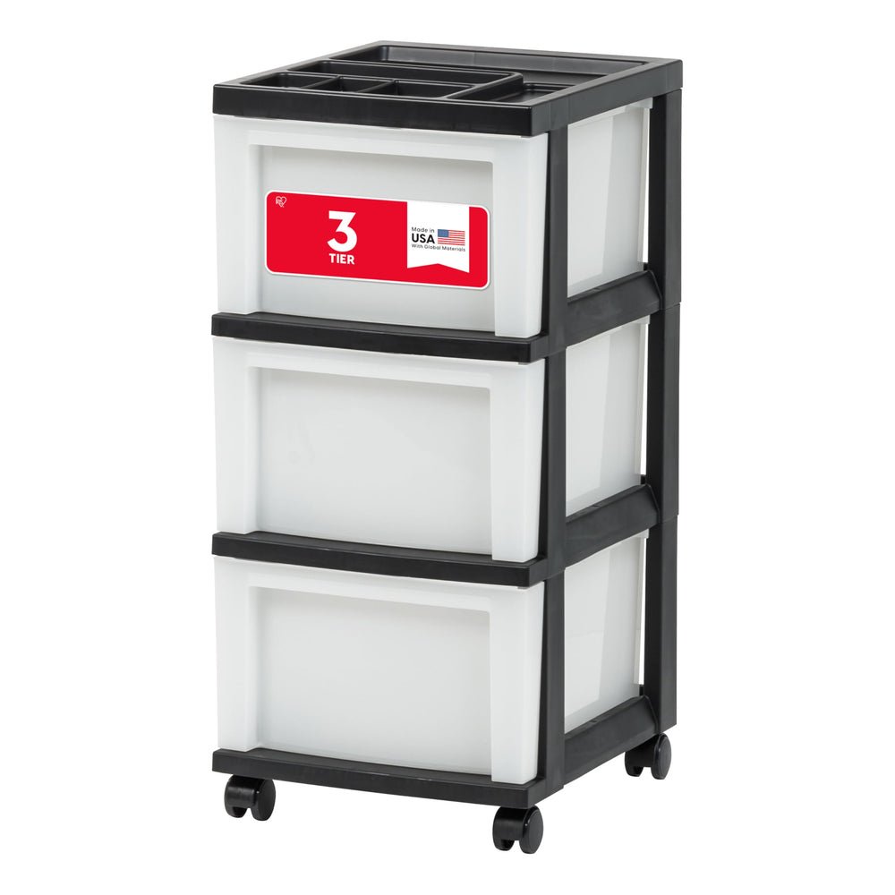 IRIS USA front view of 3-drawer cart showing compact black frame and pearl drawers for neat storage