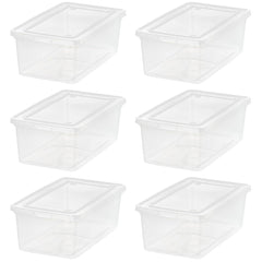 IRIS USA front view of six clear bins showing tidy storage benefits