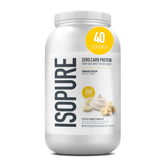 Isopure banana cream front label showing product benefits and servings