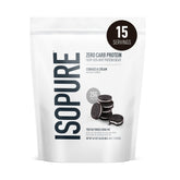 Isopure Cookies & Cream front pack showing clean whey isolate branding and benefits