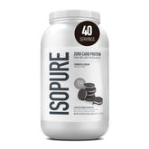 Isopure cookies & cream tub front view showing label and protein benefits