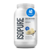 Isopure tub front label showing Creamy Vanilla and benefits