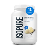 Isopure creamy vanilla front tub showing clear labeling and benefits