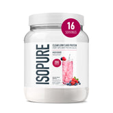 Isopure clear whey isolate mixed berry front packaging showing clean label and servings