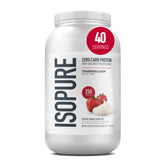 Isopure tub front showing Strawberries & Cream flavor and protein facts for clear choice