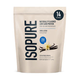 Isopure vanilla bean front packaging showing 1 lb bag and brand benefits