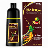 Ivnil front packaging showing dark brown dye shampoo for easy gray coverage