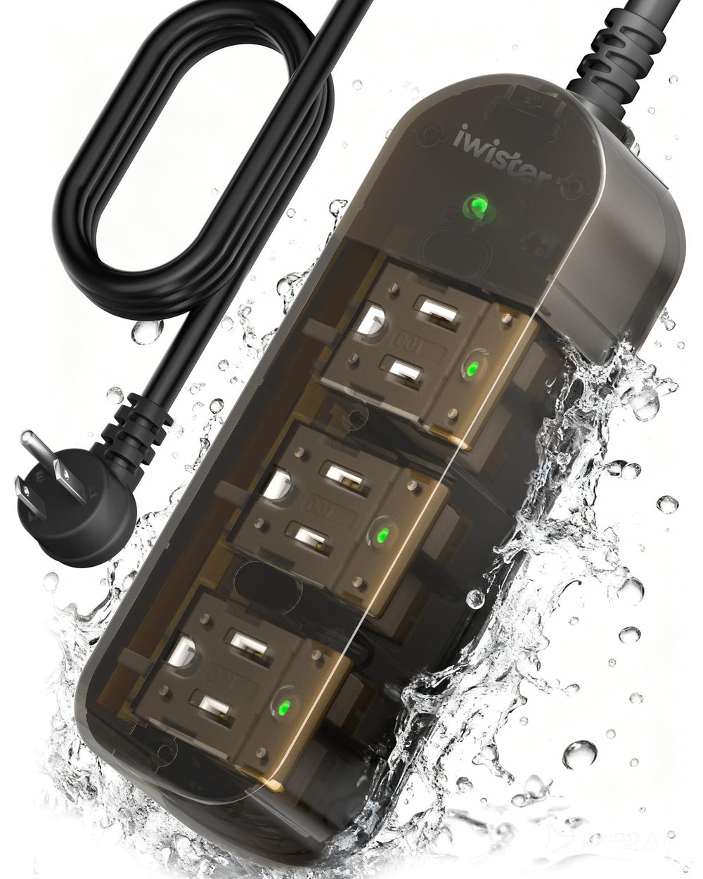 iwister front view showing weatherproof power strip and outlets for safe outdoor use