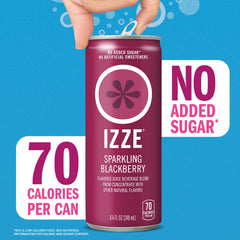 IZZE blackberry can in hand for scale, showing convenient 8.4 fl oz single-serve portability