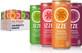 IZZE variety pack front packaging showing four flavors and benefits of real juice