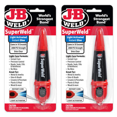 J-B Weld front packaging showing two clear 5g tubes and included light for instant repairs