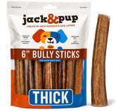 Jack&Pup front packaging of 5-pack 6 inch bully sticks, clear resealable bag preserves freshness