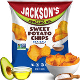 Jackson's front packaging showing sea salt sweet potato chips, clear branding and convenience