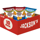 Jackson's front packaging of sweet potato kettle chips showcasing variety pack and avocado oil benefit