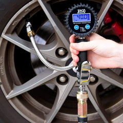JACO FlowPro bright LCD closeup showing 200 PSI reading for accurate inflation
