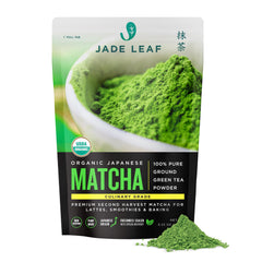 Jade Leaf Matcha front pouch showing organic label and net weight benefits