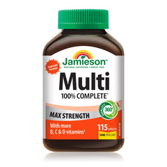 Jamieson front packaging showing 115 caplets and complete daily formula benefit
