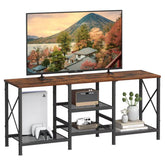 JARHETUN front view of TV stand showing rustic brown finish and three shelves, stylish storage benefit