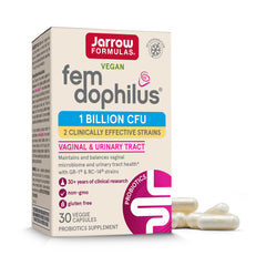 Jarrow Formulas bottle front view showing FemDophilus branding and benefits