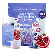 Javvy front packaging showing blueberry pomegranate flavor and quick benefit