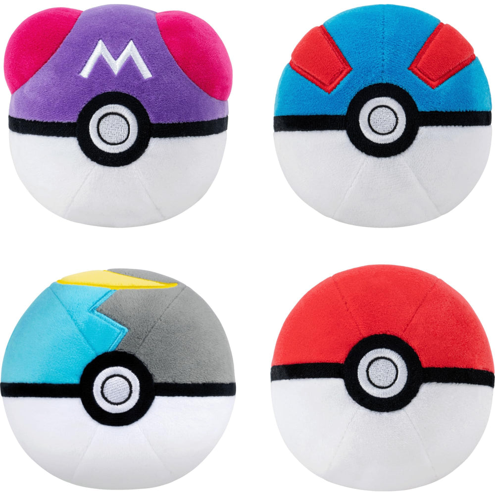 Jazwares Pokémon four-pack front packaging shows all four plush balls, ideal for gifting