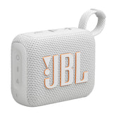 JBL Go 4 front view white showing speaker and big JBL Pro sound benefit