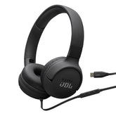 JBL Tune 520C front view showing sleek black design and clear branding benefit portability