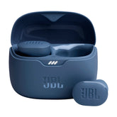 JBL Tune Buds front view showing blue finish and compact case for portability