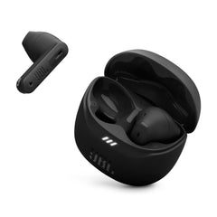 JBL Tune Flex 2 front view showing earbuds and case, clear branding and sleek black finish for stylish portability