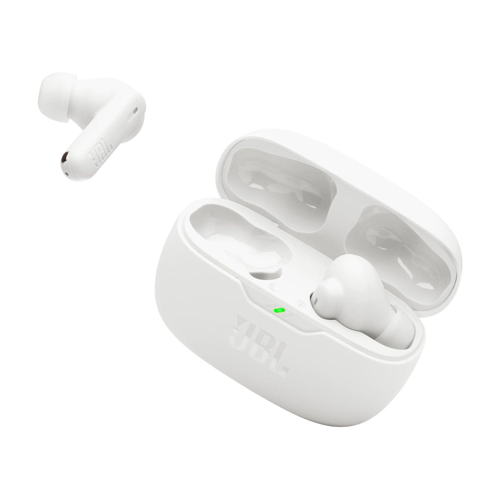 JBL Vibe Beam 2 front view showing white earbuds and case for stylish portability
