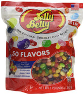 Jelly Belly front pouch showing 3 lb bag and colorful candy, brand clarity and convenience
