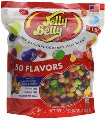 Jelly Belly front pouch showing 3 lb bag and colorful candy, brand clarity and convenience