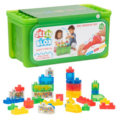 Jelly Blox front packaging shows set and storage case, easy organization benefit
