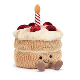 Jellycat birthday cake front view showing friendly face and cute design, perfect gift