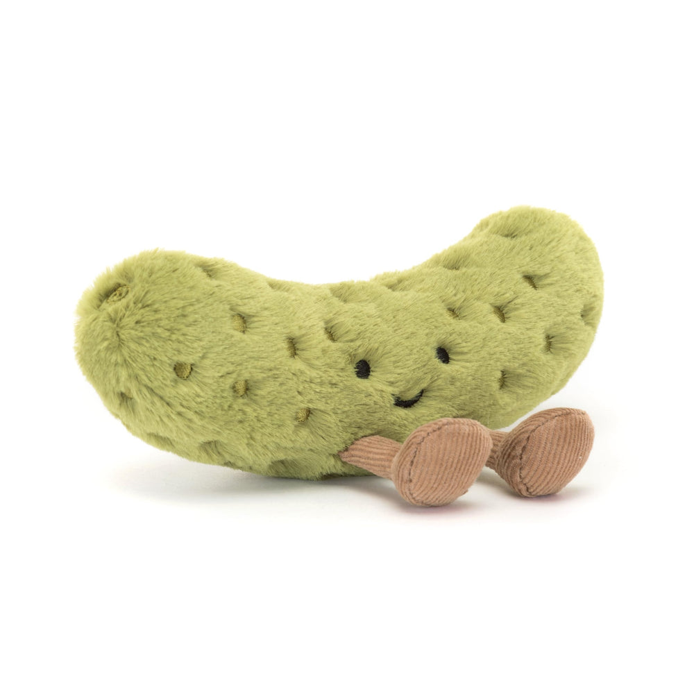 Jellycat pickle front view showing smiling face and travel-ready size