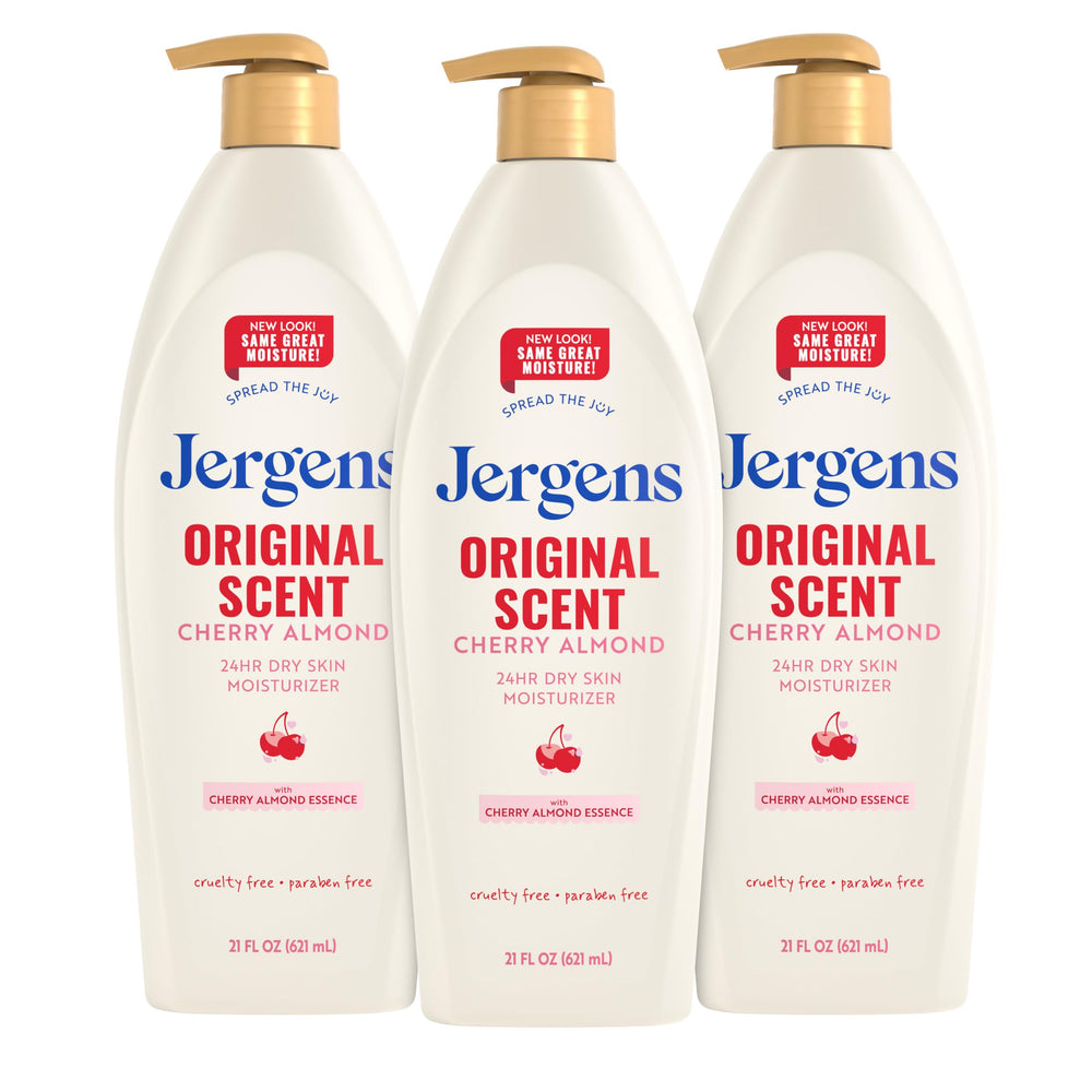 Jergens front packaging showing cherry almond scent and 21 oz size, hydrating benefit