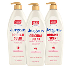 Jergens front packaging showing cherry almond scent and 21 oz size, hydrating benefit