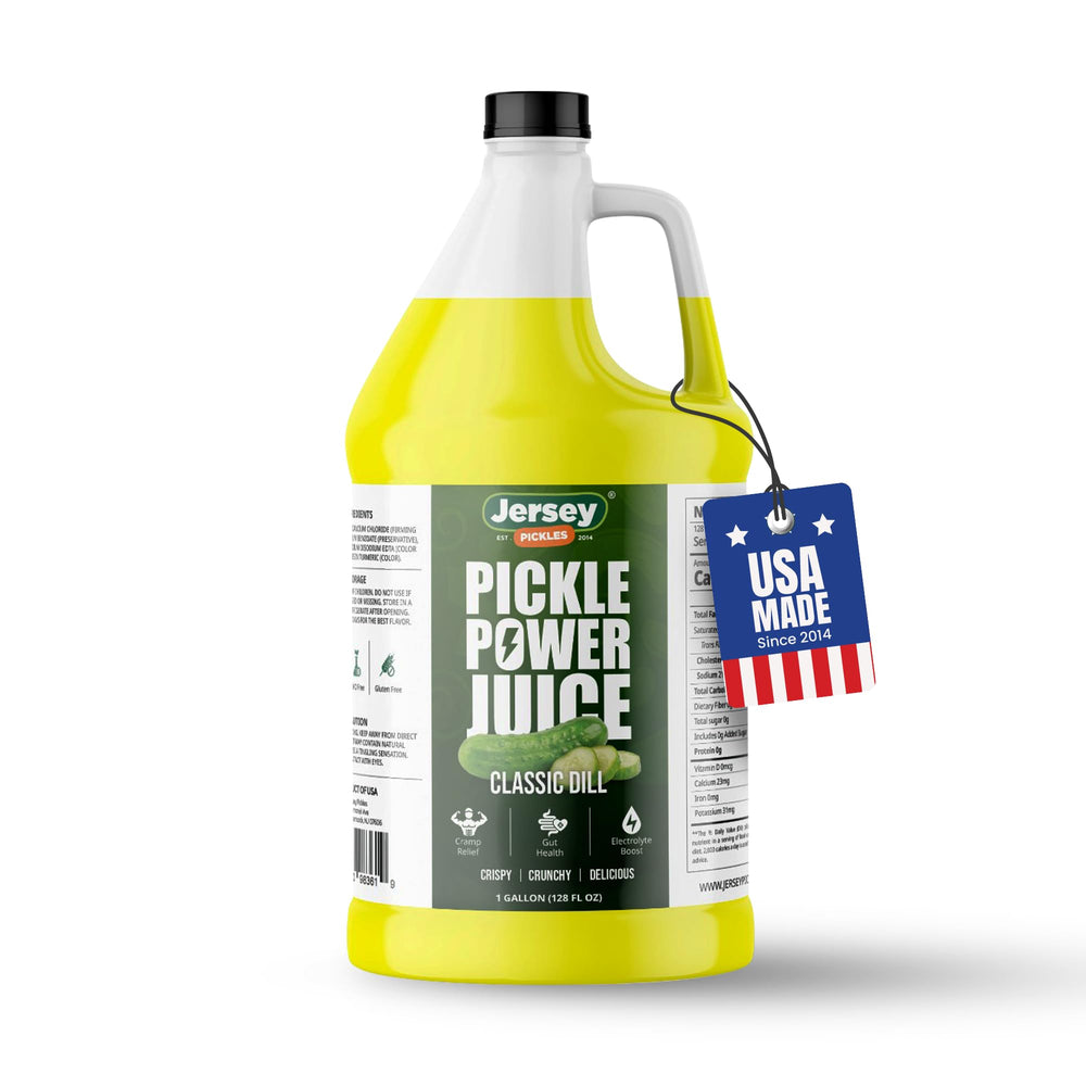 Jersey Pickles one-gallon jug front label showing classic dill flavor and clean ingredients